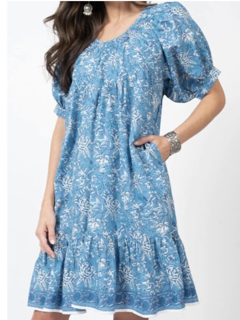 NWT Uncle Frank Smocked Neck Dress Puff Sleeves Blue Floral Size XS